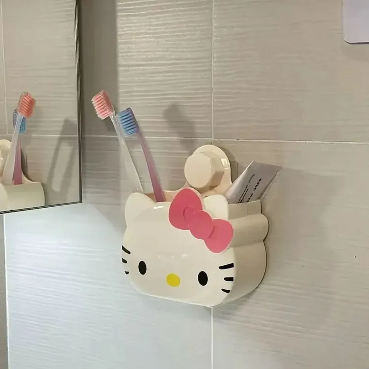 hellokitty浴室牙刷牙膏置物架免打孔卡通动漫壁挂可沥水收纳盒TJ