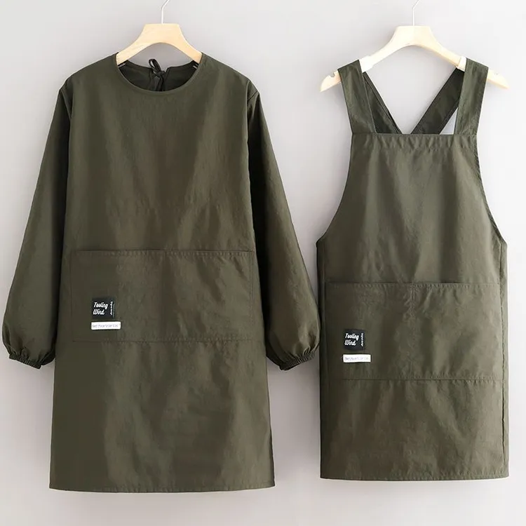 新款防泼水罩衣定制长袖围裙厨房家用简约做饭围腰上班工作服男女