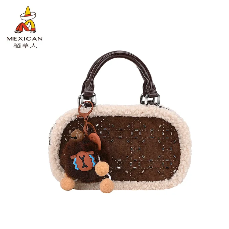 稻草人25爆款冬季爆闪波士顿毛绒女士女包2025年盒子包保龄球包包