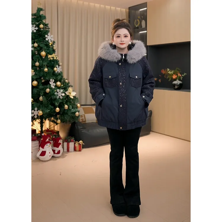 【胖佳佳】星月夜 珠片小香连帽毛领棉服冬季气质百搭H625H20005