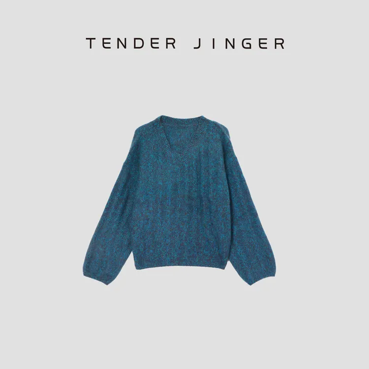 Tender Jinger简约慵懒全毛拉毛v领针织毛衣T53TJJ41227