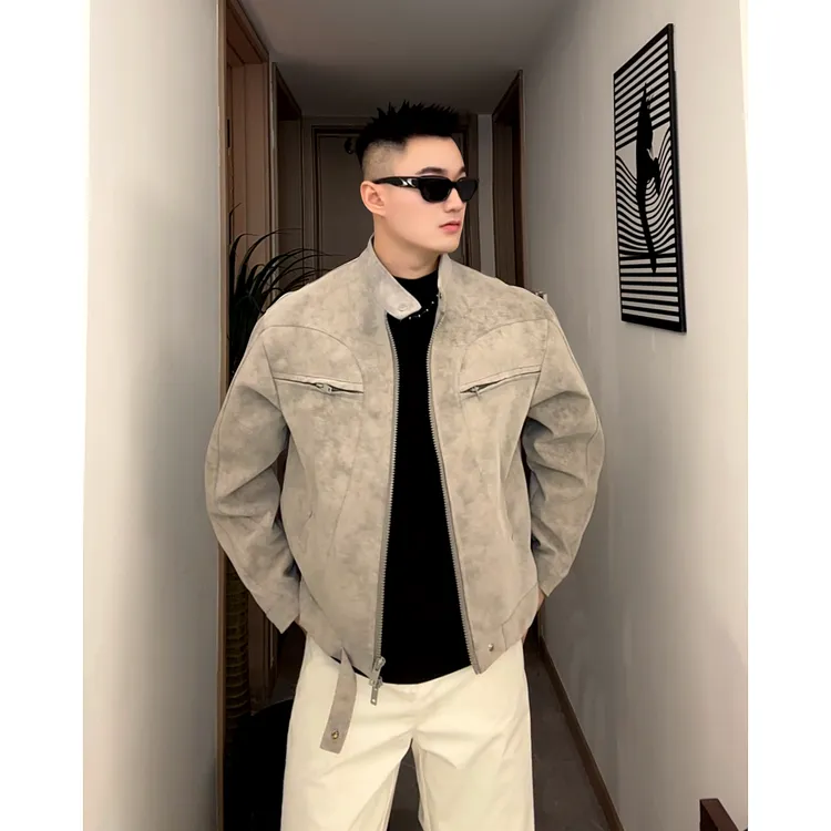 【白板】美版哈灵顿PU皮废土风扎染型男植物蛋白皮秋冬短款齐腰休闲板正