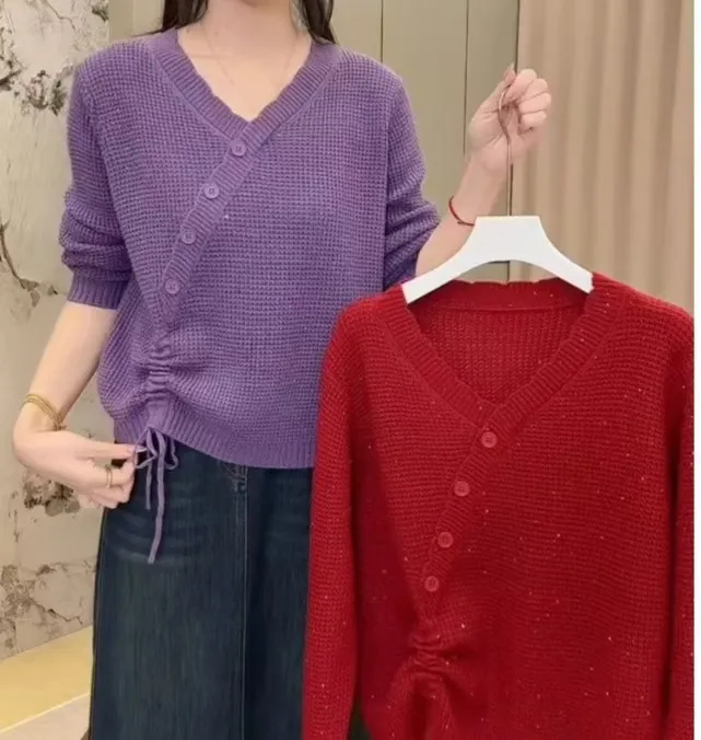 抽绳长袖时尚打底春秋国风斜扣针织衫女毛衣洋气纯色新款女士上衣