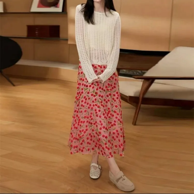 【白茶】气质休闲镂空时尚百搭毛针织衫，碎花度假半身裙