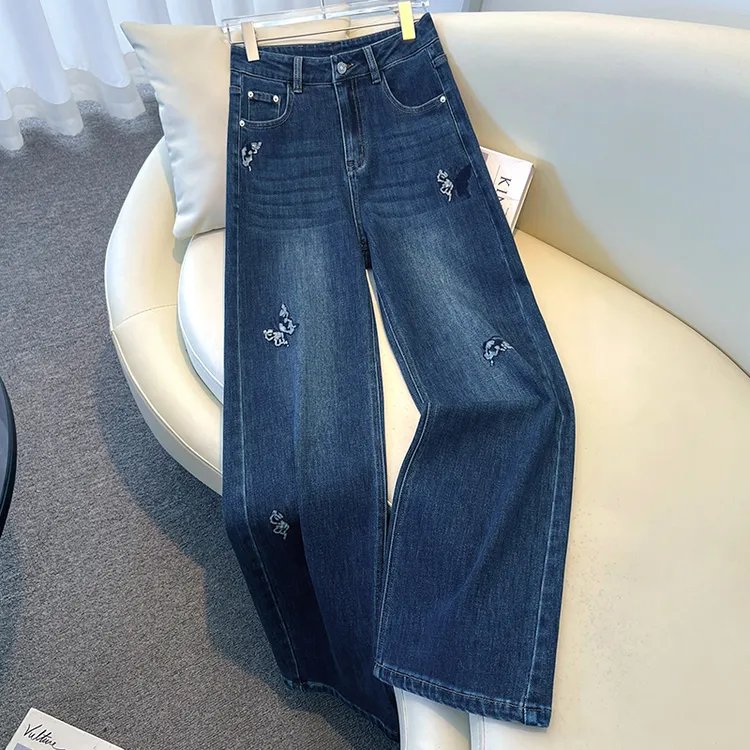美式复古刺绣窄版阔腿牛仔裤女2025春秋季新款高腰宽松显瘦直筒裤