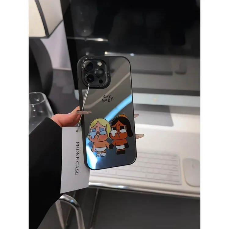 牵手哭娃适用苹果16pro黑边手机壳iPhone15pro镜面可爱ins风14/13