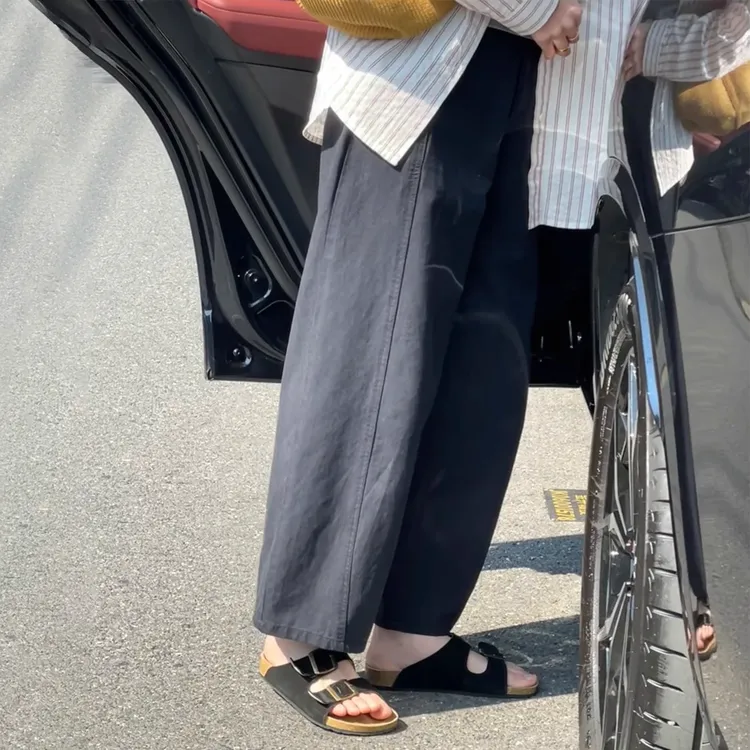 日系藏青色九分阔腿裤子女秋胖mm宽松显瘦梨形身材萝卜奶奶休闲裤
