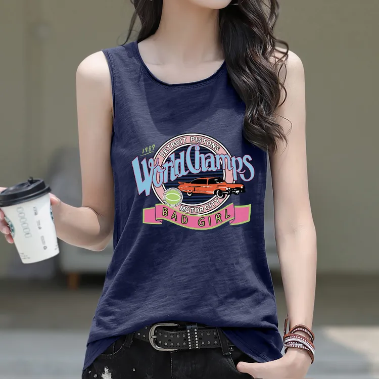 宽松竹节棉纯棉卷边圆领无袖t恤女士夏季韩版印花时尚洋气背心女