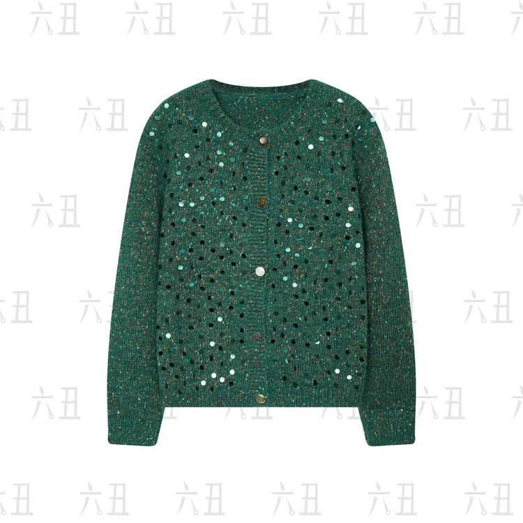 【六丑】新款冬季时尚两色开衫通勤百搭亮片针织衫511ZZS0142