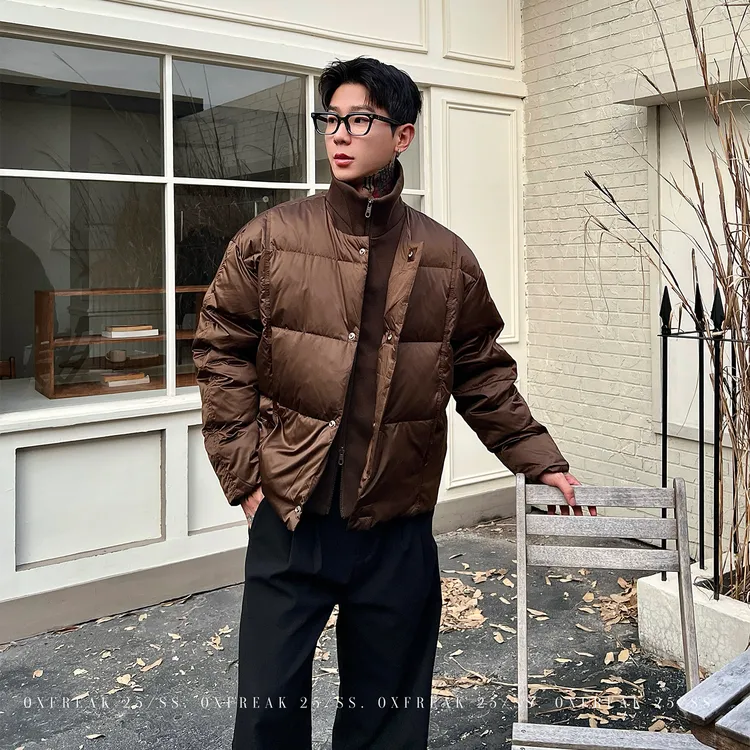 OXFREAK「內襟假两件」90白鸭绒纯色羽绒服男加厚保暖情侣装外套