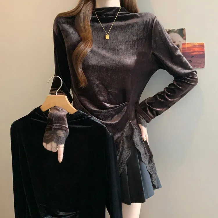不规则金丝绒内搭长袖t恤女秋冬大码胖mm修身显瘦蕾丝打底衫上衣