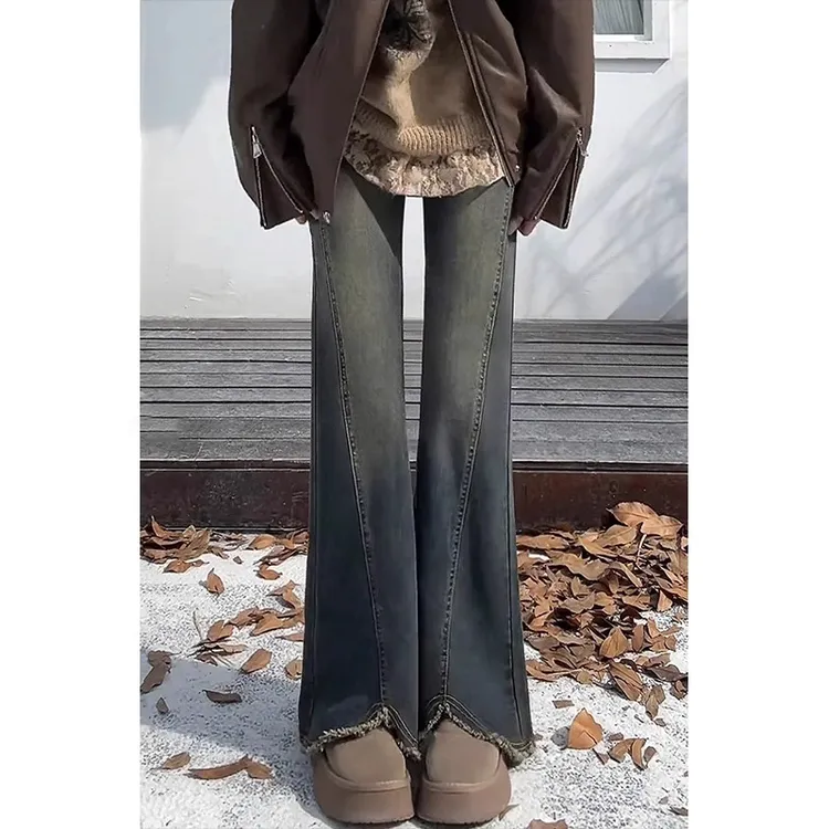 蓝灰色开叉毛边微喇牛仔裤女春季新款大码胖mm高腰显瘦复古喇叭裤