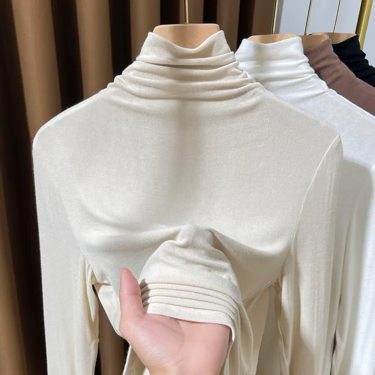 杏色堆堆领长袖T恤针织打底衫女2025年秋冬新款套头纯色时尚内搭