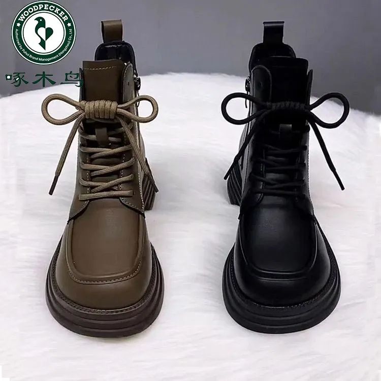 啄木鸟高品质软皮厚底马丁靴女秋冬季加绒英伦风短靴显瘦百搭单靴