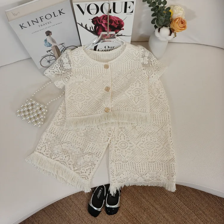 1738夏款两件套儿童洋气蕾丝袖T恤小香风2025新款夏季花边套装