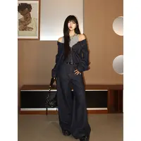 呆毛【9.11/10.00新品】秋季复古风牛仔假两件上衣+裤子套装DMJ4479