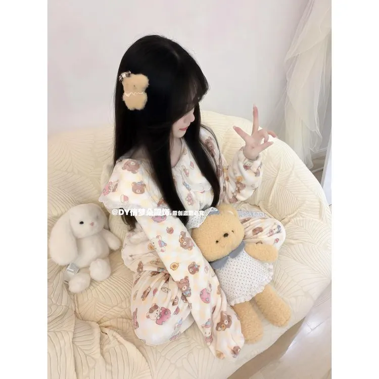睡衣女冬季款娃娃领轻松熊加厚加绒法兰绒套装甜美可爱少女家居服