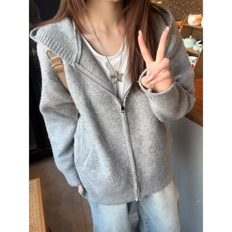 美式慵懒风灰色连帽针织开衫男秋季高级感潮牌双拉链情侣毛衣外套