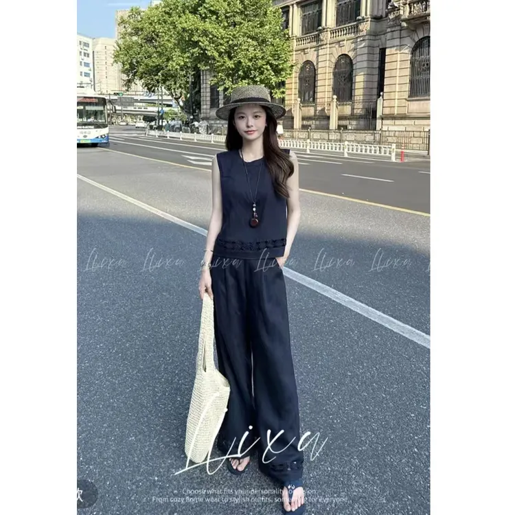 雨薇Liixu夏季新款慵懒风复古无袖上衣宽松阔腿裤套装，小众时尚，