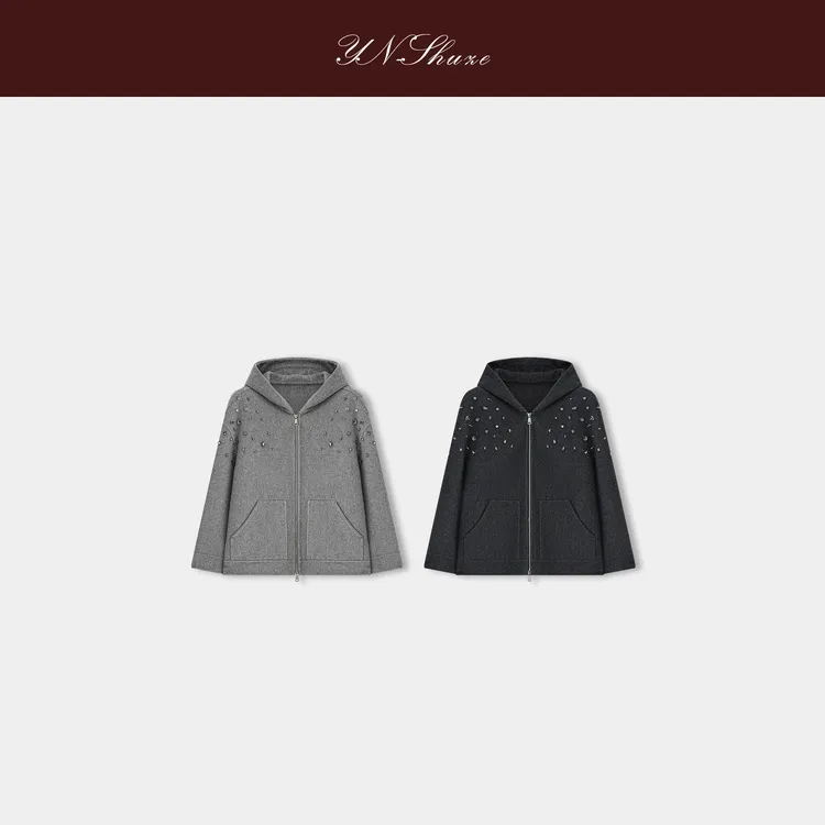 YN-SHUZE【随性时光】时尚羊毛手工钉珠连帽卫衣外套SZ-YNB-88119