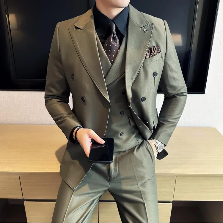 法式双开关衩戗驳领西服男英伦修身双排扣外套商务通勤正装结婚礼