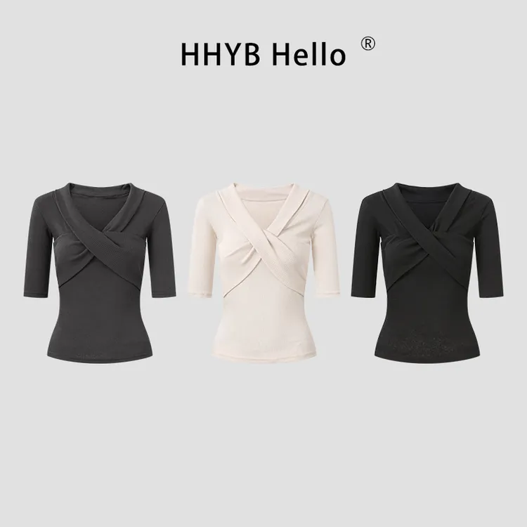 HHYB Hello设计感交叉V领中袖针织衫女2025新款五分袖上衣250695