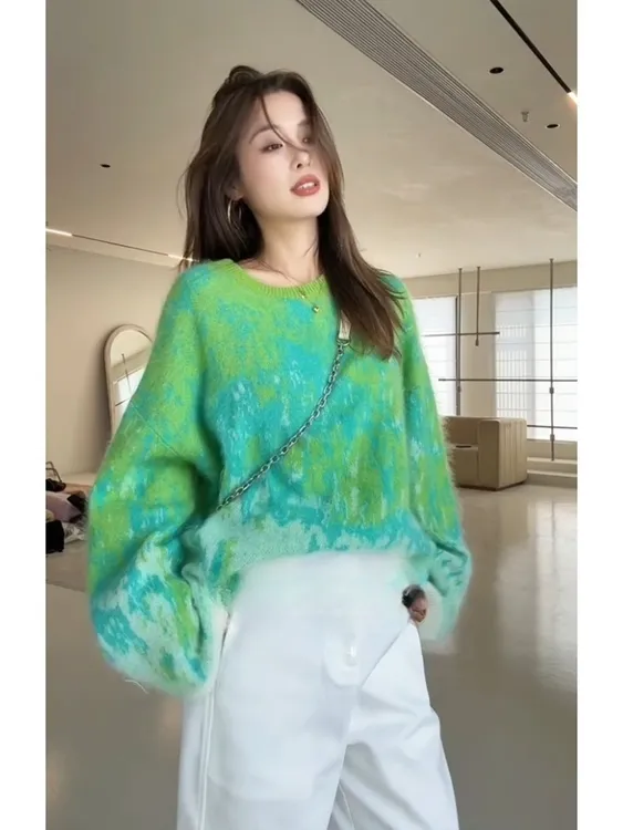绿色套头宽松毛衣女秋冬季2025新款韩系慵懒风高级感加厚针织上衣