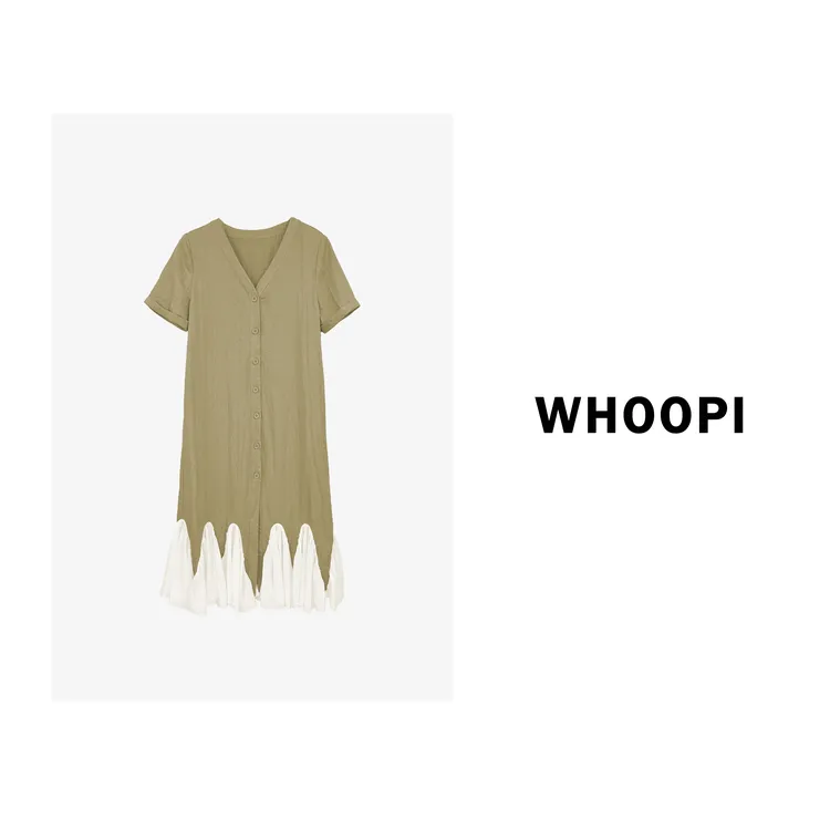 【Whoopi】【懒阳漫迹】法式高级复古慵懒松弛感V领拼接连衣裙