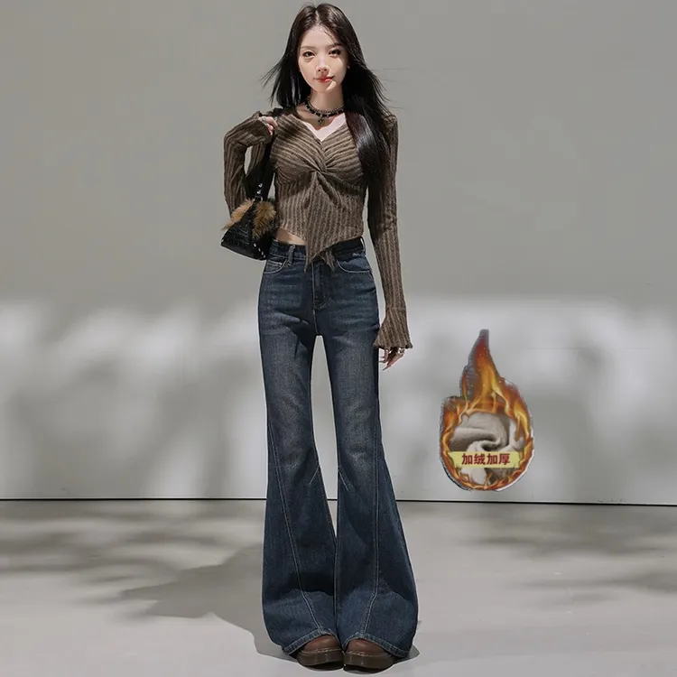 高腰爆款微喇牛仔裤女秋冬季新款辣妹小个子不贴腿弹力加绒喇叭裤