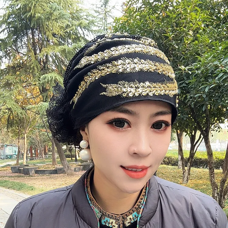 新款凤尾花发带帽子洋气时尚款遮白发打底帽四季薄款蕾丝包头帽