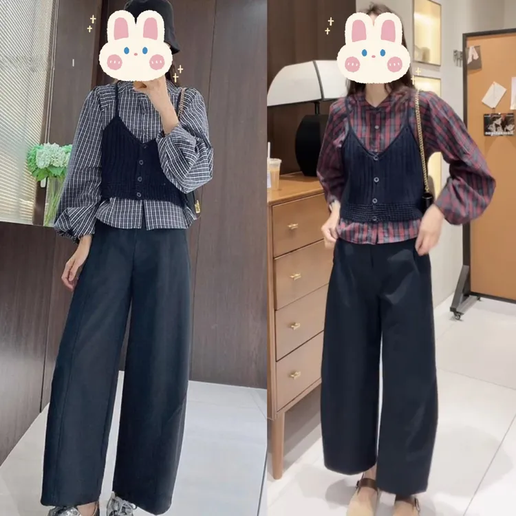  套装韩版格纹衬衫+针织马甲两件套+秋纯色休闲风九分裤子BB50305