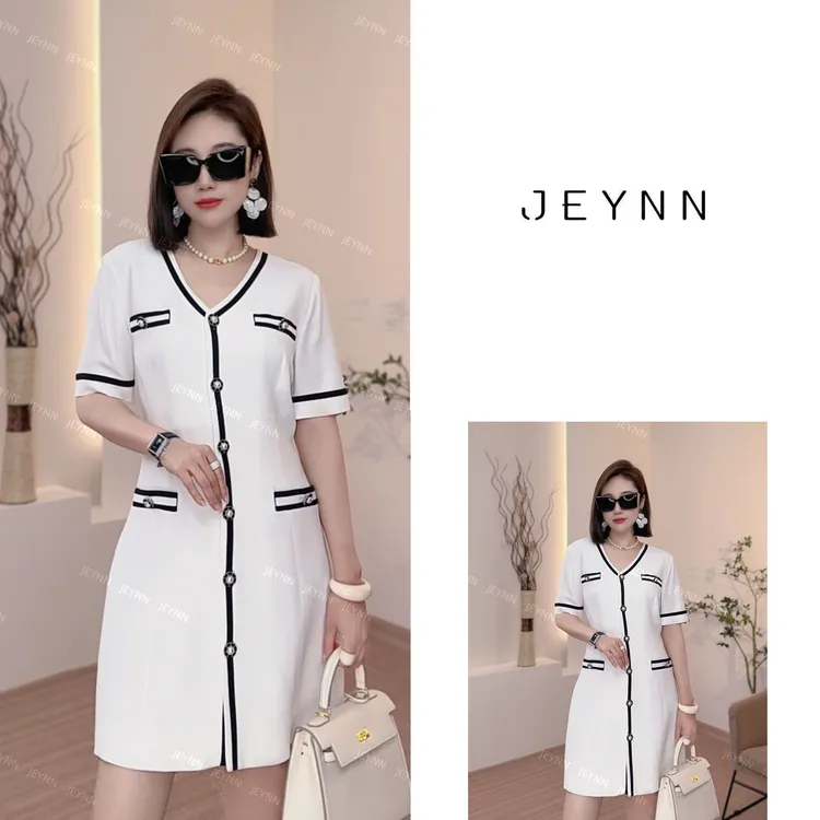 【JEYNN】新款法式透气V领通勤连衣裙撞色长款polo拼接白色JE26C131