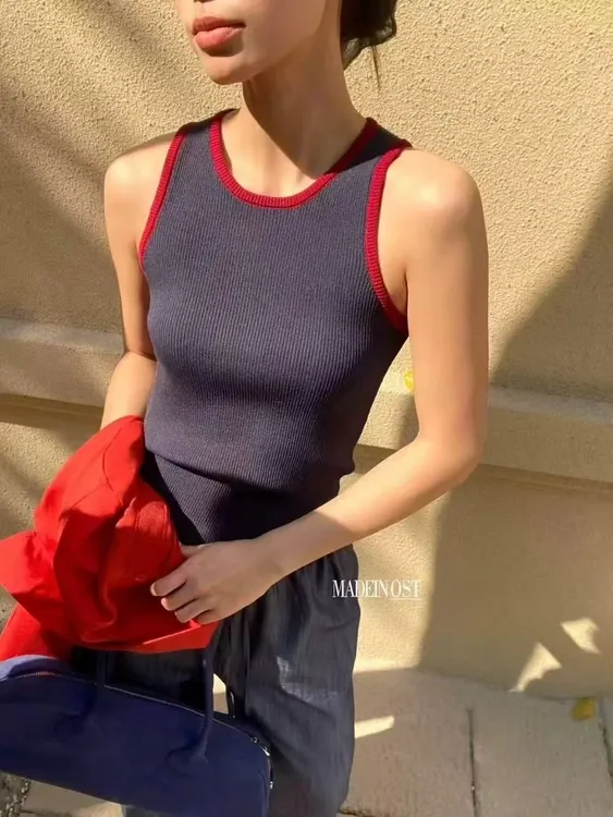 夏季新款撞色针织吊带背心修身无袖短款时尚洋气