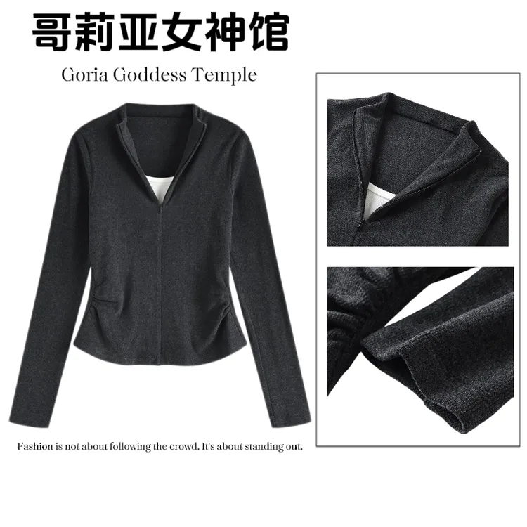 半开领假两件拼色长袖T恤女秋季新款2025设计感宽松显瘦时尚上衣