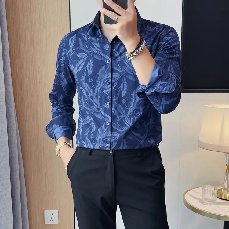 秋季新款男士印花长袖衬衫修身时尚百搭上衣复古潮流韩版休闲衬衣