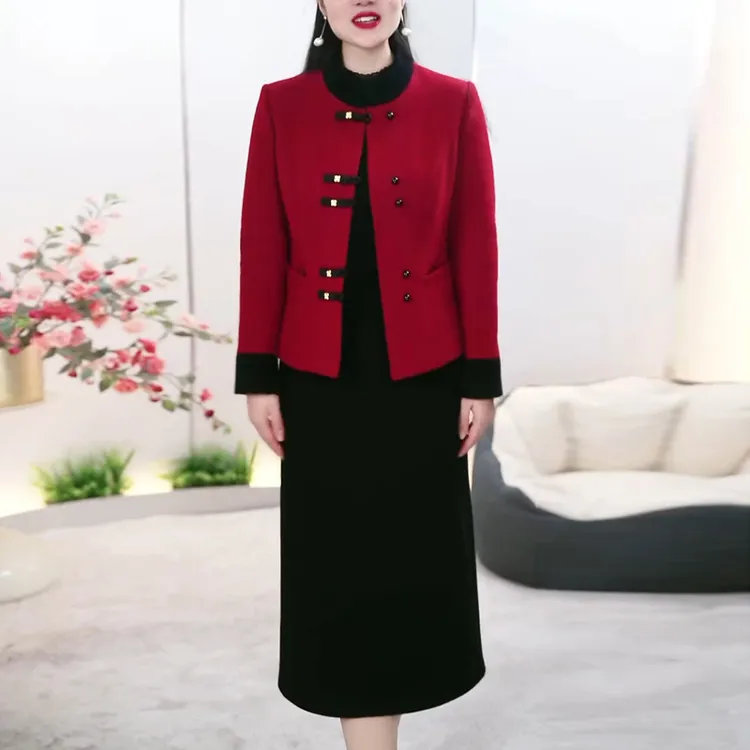 新中式高档加厚套装裙2025秋冬新款女士优雅显瘦连衣裙外套两件套