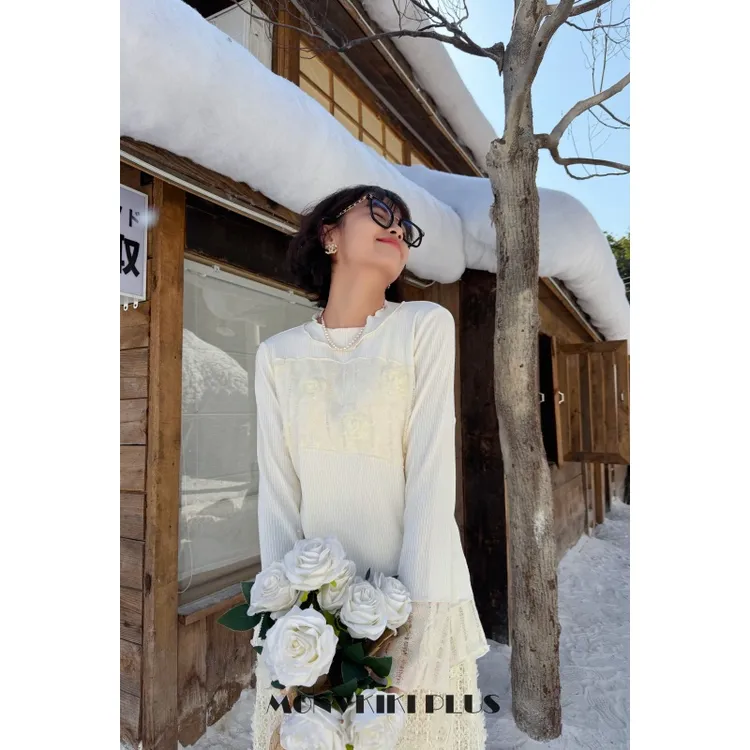 MoNvKiKiPlus2「玫瑰花园」大码微胖蕾丝立体花打底上衣T恤#1975