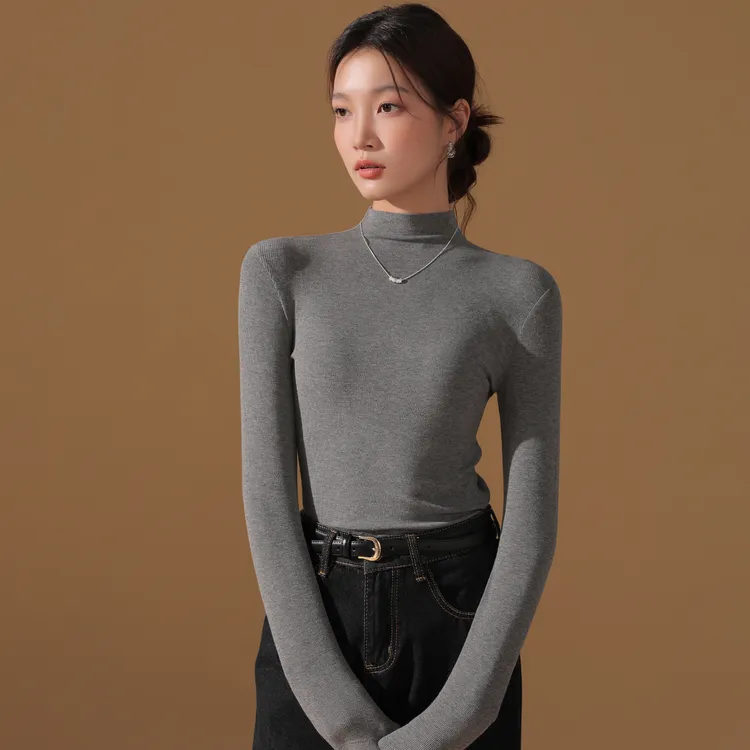 黑色女士中领打底衫内搭T恤秋冬长袖螺纹贴身半高领t恤上衣秋季