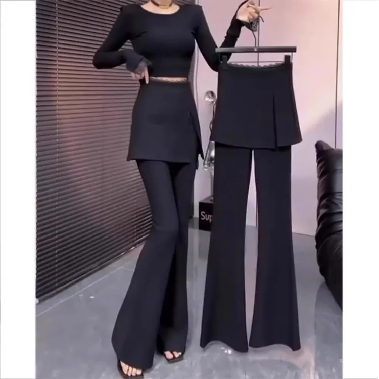 罗丽森大码假两件屁帘喇叭裤女士加绒秋冬季新款胖mm高腰显瘦休闲