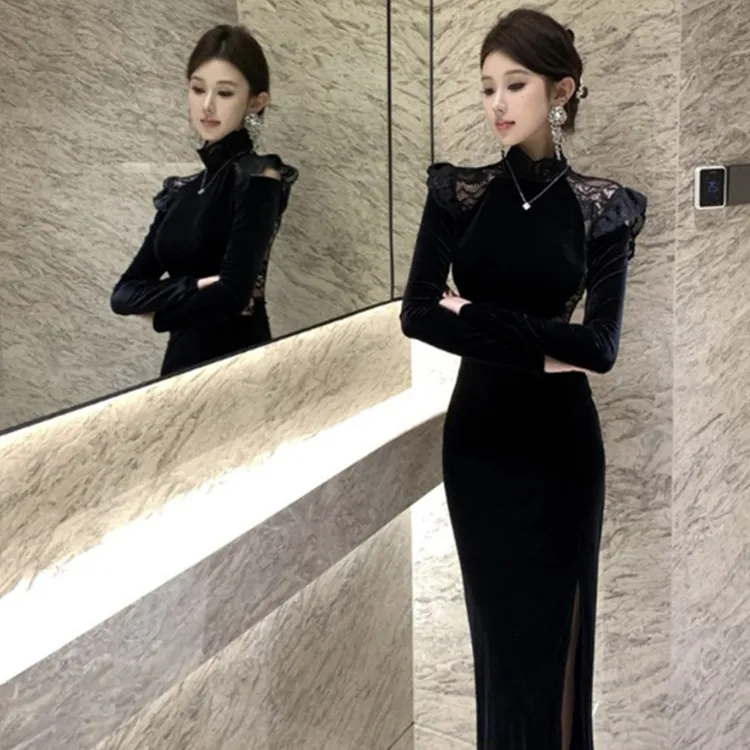 法式气质别致丝绒蕾丝拼接长袖开叉连衣裙女独特宴会长裙2677