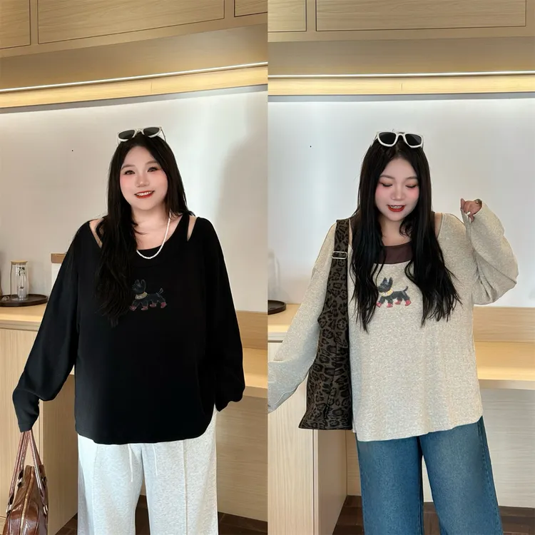 大码女装秋季花契200斤胖mm心机款假两件辣妹长袖打底衫18357-H