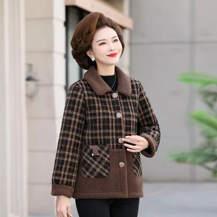 中老年加绒冬季外套中年妈妈装加厚女装毛呢加绒冬装洋气老年人女