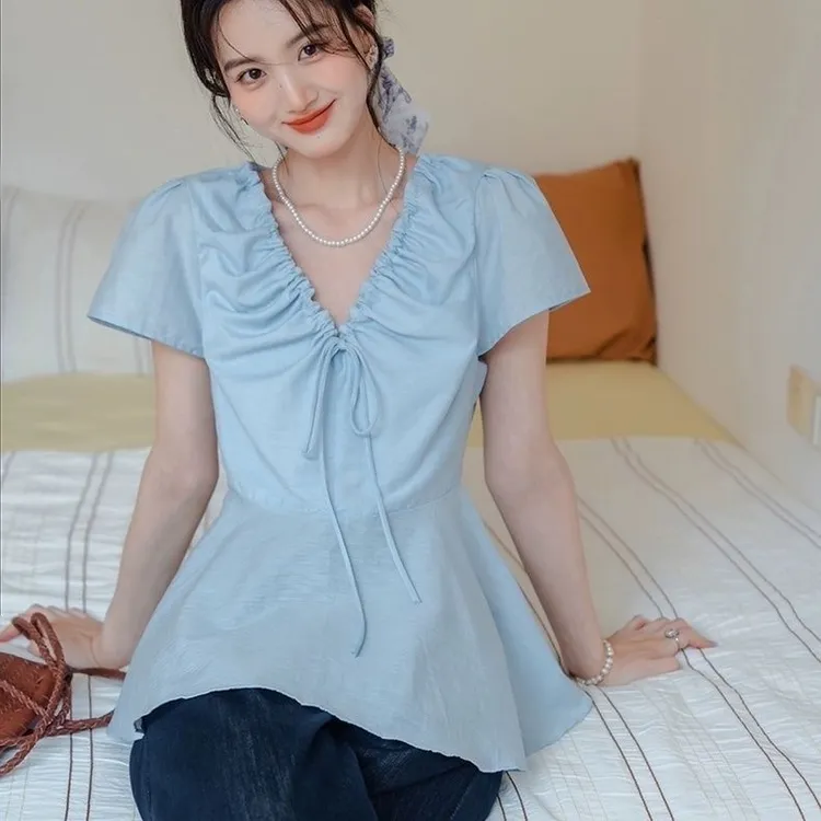 大码法式甜美减龄蓝色V领泡泡袖短袖衬衫女夏季上衣815