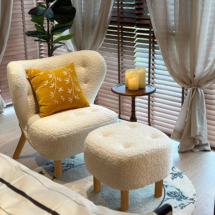 北欧单人沙发椅羊羔绒客厅休闲椅设计师白色简约轻奢卧室懒人椅