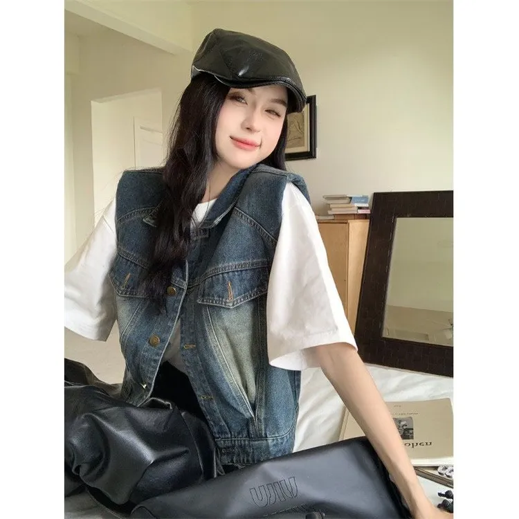 时尚洋气牛仔马甲短款背心女新款夏季复古百搭坎肩马夹薄外套上衣