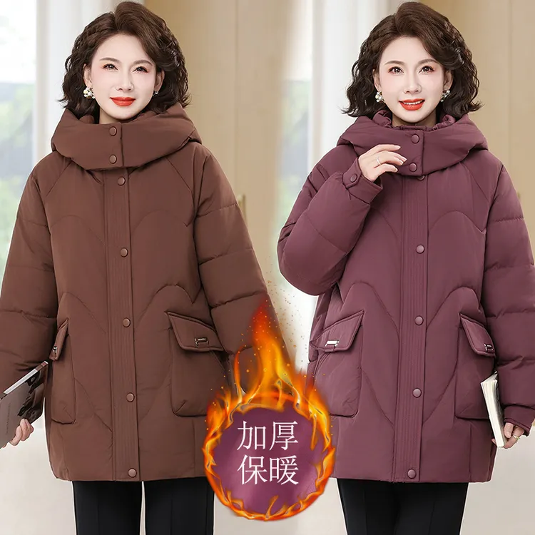 冬季大码连帽极简风宽松型女中长款厚棉服妈妈装宽松保暖加厚棉衣