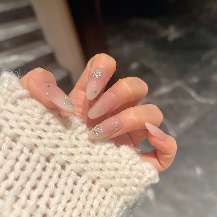 秋冬冰透裸色雪花锆石显白高级感纯手工穿戴美甲片温柔指甲贴片