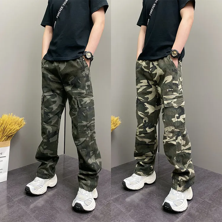 美式复古多口袋迷彩工装裤男设计感阔腿宽松解构直筒香蕉弯刀裤子