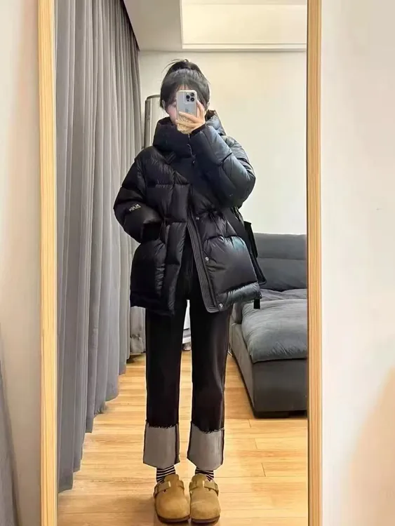 DD短款女连帽三防（拒水亮面时尚立领冬季休闲 羽绒外套 黑金抽腰
