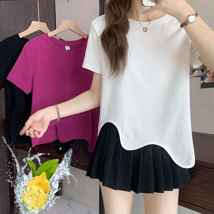 J不规则设计感显瘦上衣夏季新款小众圆领正肩波浪下摆短袖T恤女1